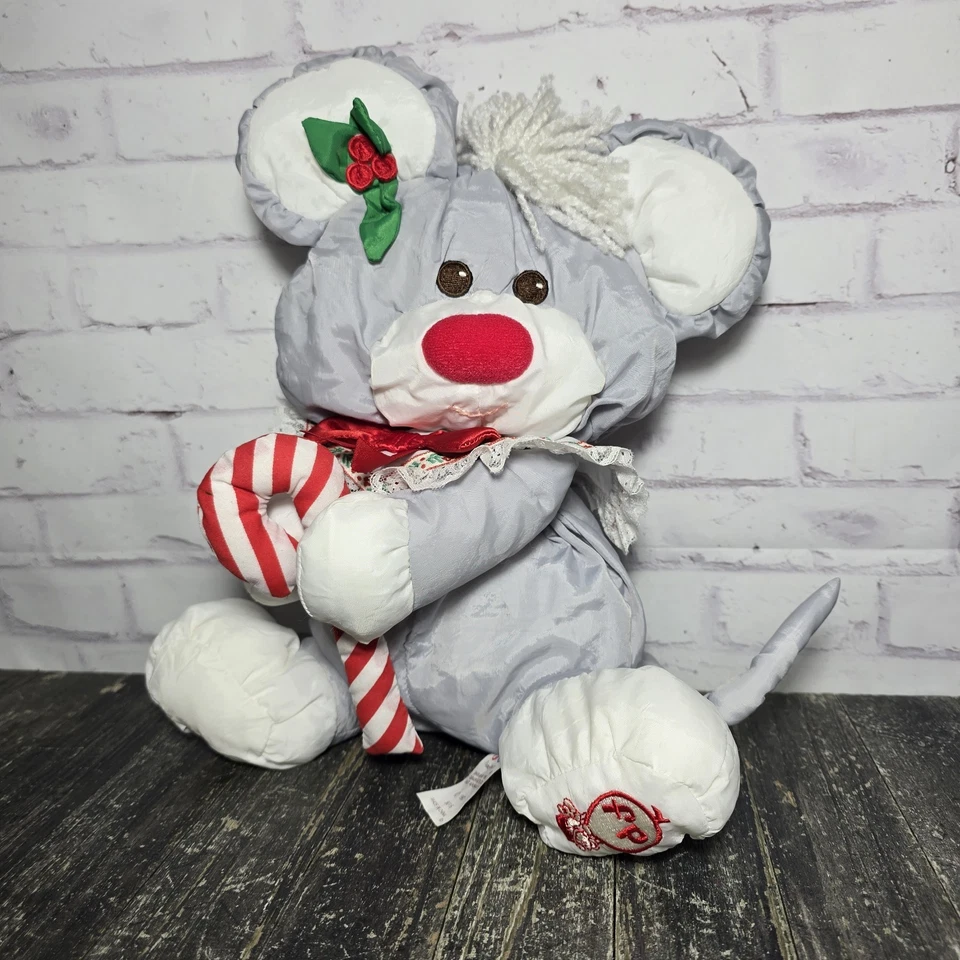 Puffalump Christmas Mouse 🐁 Fisher Price 12" Plush Gray Candy Cane 1987 8016 - Image 1 of 4
