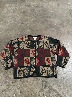 Vintage TALLY-HO Wool Cardigan Scandinavian Print Fair Isle Button Sweater PM - Image 1 of 4