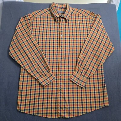 Talbots Men L Orange Blue Check Button Down Cotton Dress Shirt - Image 1 of 4