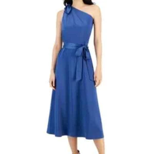 Vestido midi satinado con corbata de un hombro azul Jay de Anne Klein para mujer 4 NUEVO - Imagen 1 de 9