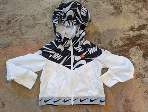 Nike Jacket Size Small Girls 6-7 Windbreaker Black White Hooded Coat Jacket - Picture 1 of 6