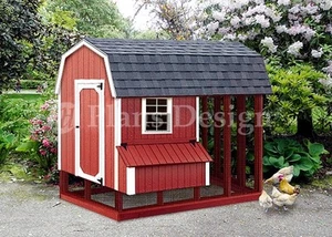 4 ft x 8 ft Chicken Coop with Run Plans, Barn / Gambrel Design 70408RB - Picture 1 of 2