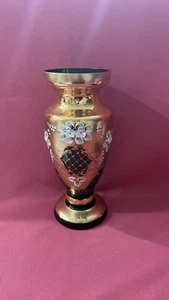 CZECH BOHEMIAN EGERMANN GOLD HIGH ENAMEL GREEN CRYSTAL ART GLASS VASE - W1099 - Picture 1 of 9