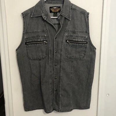 Harley Davidson Vtg Men Embroidered Zipper Pockets Denim Sleeveless Shirt Size L - Image 1 of 4