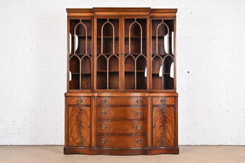 Georgian Flame Mahogany Breakfront Bookcase Cabinet With Secretary Desk Cover