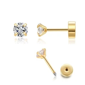 4mm CZ Flat Screw Back Stud Earrings 14K Gold Plated Small Cubic Zirconia Women - Picture 1 of 6