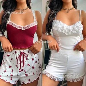 Women Sexy Lingerie Pajamas Set V-Neck Lace Nightwear Sleepwear Cami Tops Shorts - Picture 1 of 68