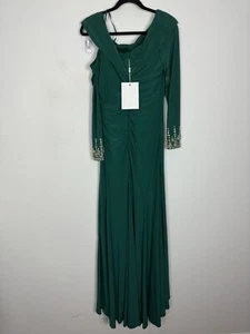 Mac Duggal Beaded Cuff Drop Shoulder Faux Wrap Emerald Gown Women’s 8 NEW Dress - Picture 1 of 12