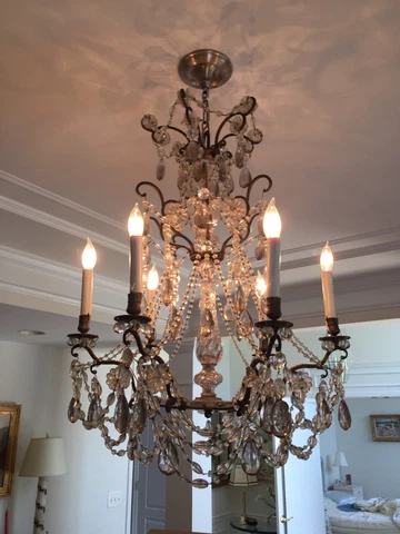 Antique French crystal chandlier circa1870 23" X 32" 3 Tiers nickel plated brass Cover