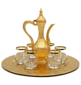 Lussuoso Set 8 Pezzi Coppa d'Acqua Zamzam | Vassoio Stile Ottomano con Brocca - Oro - Foto 1 di 2