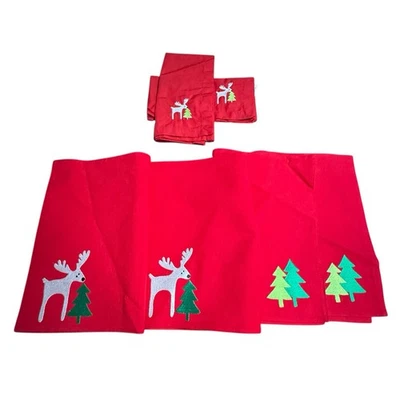 Crate & Barrel Reindeer Christmas Trees 4 Placemats & 2 Cloth 22” Napkins Red - Image 1 of 4