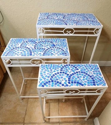 Set Of 3 Vintage Blue Rainbow Mosaic Tiled Cast Iron Nesting/Stackable Tables - Image 1 of 4