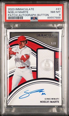 2023 Immaculate #41 Noelvi Marte Rookie Patch Autograph Button /8 Purple PSA 8 - Image 1 of 2