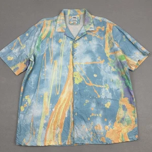 ZARA Shirt Men Large Blue Paint Splatter Button Up Hawaiian Relaxed Linen L - Picture 1 of 9