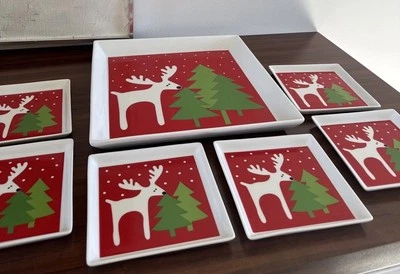 Crate & Barrel Square Reindeer Platter With 6 Appetizer/Dessert Plates Porcelain - Image 1 of 4