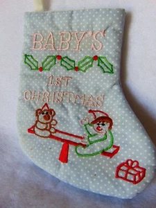 Vintage Pink Blue Polka Dot Baby's 1st Christmas Stocking 6" Handmade See Saw - Picture 1 of 4