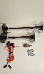 Air Horn Chrome Metal 12V 120 DB Dual Trumpet Deep Train Two Horn Kit 12 Volt - Picture 1 of 6