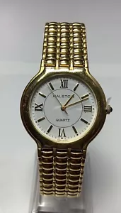 Halston Vintage Watch Gold Tone White Dial Quartz Watch New Battery Size 8” - Picture 1 of 7