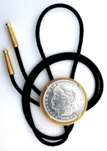1921 MORGAN SILVER DOLLAR ANTIQUE GOLD MESH BOLO TIE CORD TIPS EPBT86N/22125 - Picture 1 of 2