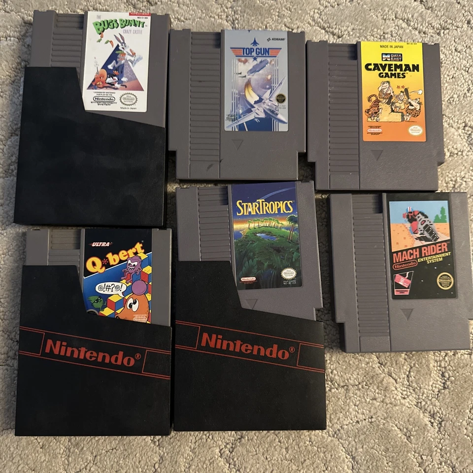 nintendo nes games lot Bugs Bunny, Top Gun, Caveman Games, Q*bert, Mach Rider , - Image 1 of 4