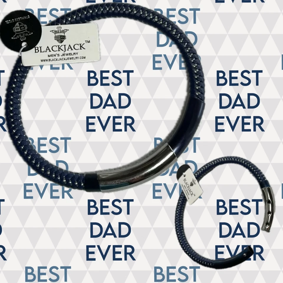 Blackjack Blue Metallic Woven Leather Silver Accent Stainless Steel Men Bracelet - Image 1 of 4
