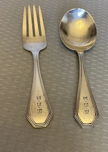 Dominick Haff QUEEN ANNE Sterling Silver Baby Spoon Fork Set Plain 1910 mono - Picture 1 of 9