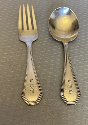 Dominick Haff QUEEN ANNE Sterling Silver Baby Spoon Fork Set Plain 1910 mono - Image 1 of 4