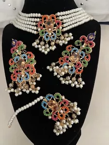 Indian/Pakistani Fashion Designer jewelry AD Necklace Earring Tikka Set Pearls - Picture 1 of 5