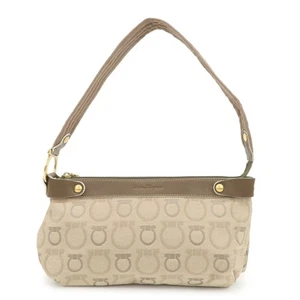 Ferragamo Gancini Canvas Leather Shoulder Bag Hand Bag Beige Brown Auth Used F/S - Picture 1 of 21