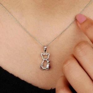 2.00Ct Round Cut Lab Created Diamond Women's Cat Pendant 14K White Gold Plated - Picture 1 of 3