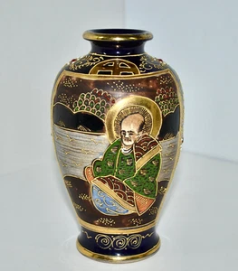 Jarrón japonés de colección Satsuma porcelana Moriage policromado dorado 6" hombre/mujer - Imagen 1 de 9