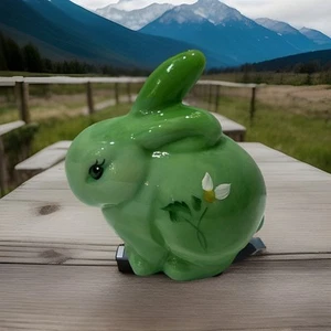 VINTAGE FENTON GREEN BUNNY RABBIT HAND-PAINTED SIGNED 3.25” TALL - Picture 1 of 5