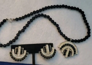 Art Deco 15" Necklace & Earrings Set Black Onyx Beads & Rhinestone Black & Clear - Picture 1 of 10