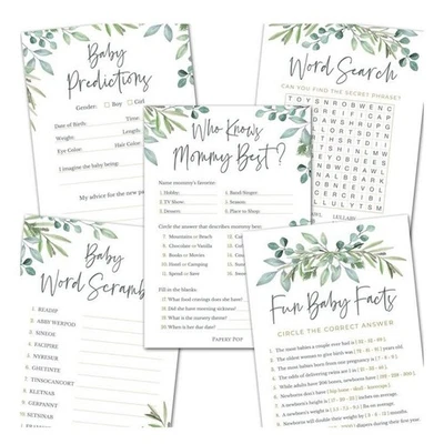 Jogos de chá de bebê - 5 atividades para 25 convidados - Jogos frente e verso - Eucalipto - Imagem 1 de 4