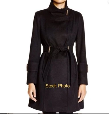 Elie Tahari Wool Blend Coat Women 12 Funnel Neck Belted Black Asymmetrical EUC - Image 1 of 4