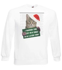 Adults Bad Cat I Buried The Elf In My Litter Tray Fun White Christmas Jumper - Picture 1 of 7