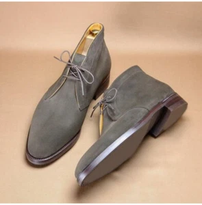 Handmade Men Gray Suede Leather Ankle Boots, Gray Derby Lace up Boots - Picture 1 of 2