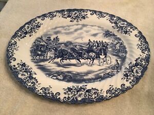 Vintage Johnson Brothers Coaching Scenes Ironstone Oval Platter 14” Blue & White
