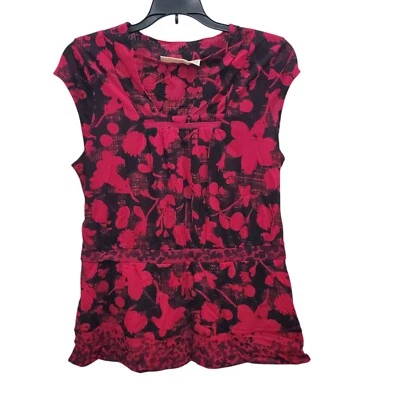 DKNY Jeans Women's Y2K Magenta Black Floral Stretch Mesh Cap Sleeve Babydoll M - Image 1 of 4