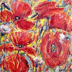 Original Painting poppies, Abstract wild flowers red Poppy Wall Decorate 30/30cm