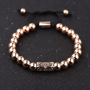 Luxury Micro Pave CZ Ball & Crown Braided Copper Bead Men's Bracelets Jewelry