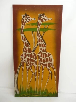 BATIK FABRIC PICTURE OF GIRAFFES & Produced On Canvas - Unusual - Image 1 of 4