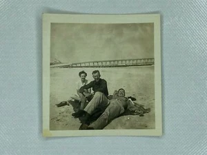 Two Men Woman At Beach Bridge  B&W Photograph  3.25 x 3.25 - Picture 1 of 2