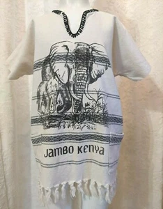 JAMBO KENYA Kid's Unisex Large Elephants White Black V-Neck Fringe Bottom Cotton - Picture 1 of 9