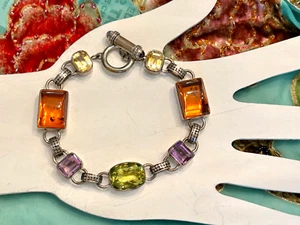 Nice! Lori Bonn Sterling Silver Amber Peridot Citrine Gemstone Dot Link Bracelet - Picture 1 of 8