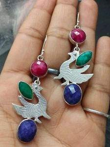 Lab Created Ruby Emerald Sapphire 925 Silver PEACOCK Dangle Earrings Jewelry NEW - Picture 1 of 7