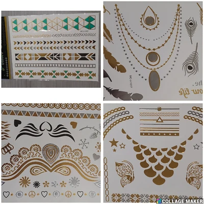 4 piezas. Tatuajes temporales de lámina dorada y plateada mariposa flash, corazones cuerpo cara tats Foto 1 de 4