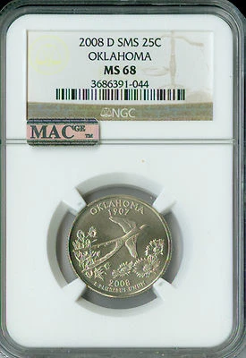 2008 D OKLAHOMA QUARTER NGC MS68 SMS PQ 2ND FINEST GRADE MAC SPOTLESS . - Image 1 of 4