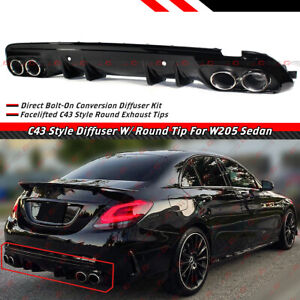 C43 STYLE REAR BUMPER DIFFUSER + ROUND CHROME EXHAUST TIPS FOR 15-21 W205 SEDAN