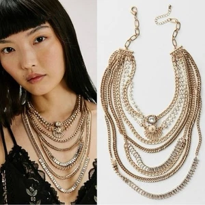 Free People The Pistols Stacked Chain Choker Gold Lagenlook Grob Strass Neu mit Etikett - Bild 1 von 16